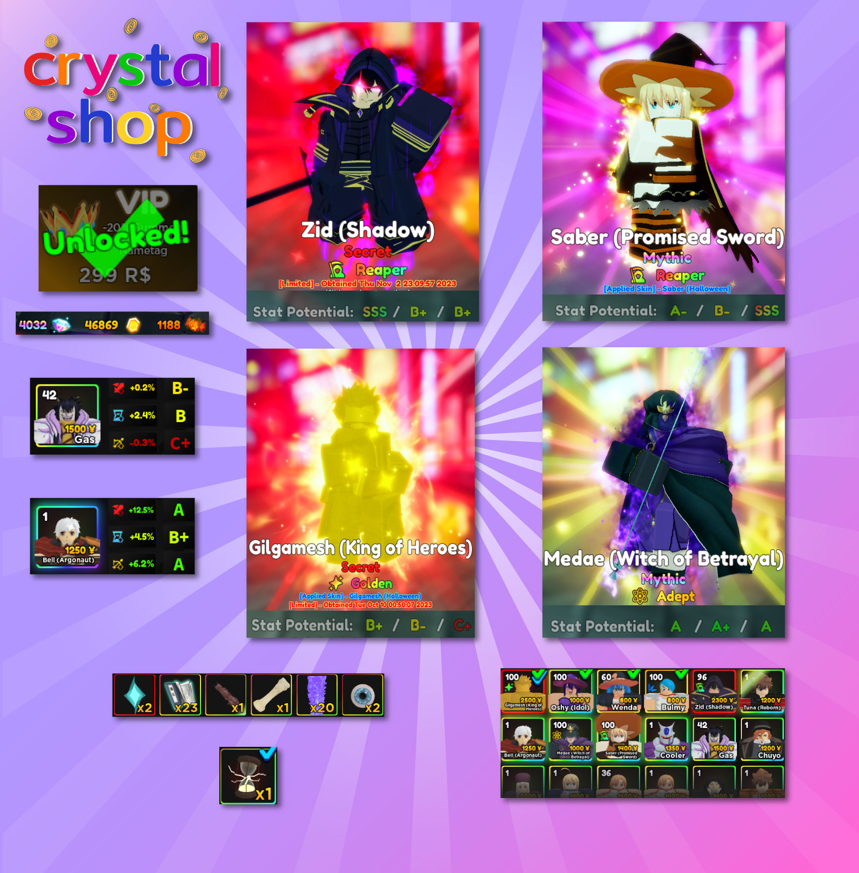 [Anime Adventures/AA] Lv.59 | Zid(Reaper) 1 SSS | Golden Gilgamesh | Saber(Reaper) 1 SSS | Medae(Adt)+Gas+Oshy | ไอดีสะอาด